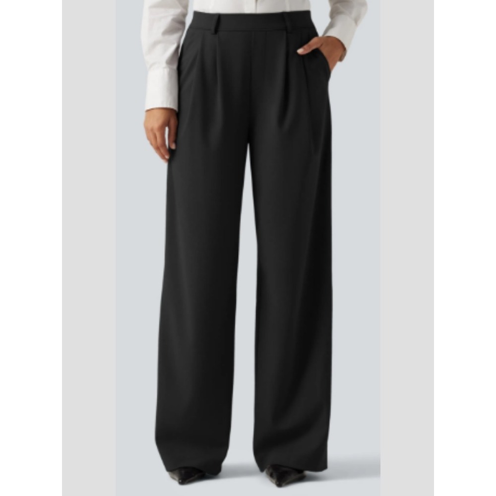 Halara Pleated High Waisted Wide Leg Pant 1X Black Stretch Workwear Professional